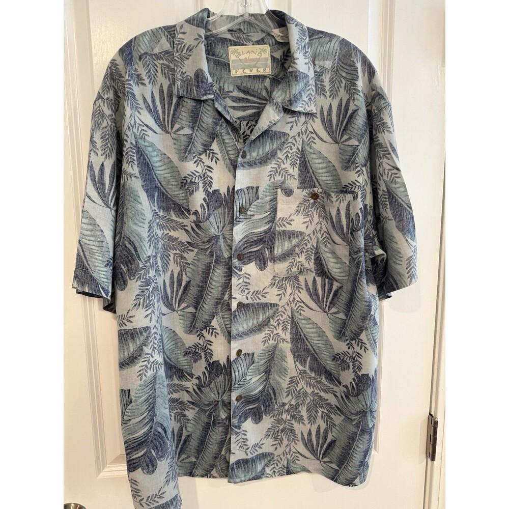 Island Fever Men's L  Green/Tan Tropical Floral Button Short Sleeve Shirt Pocket